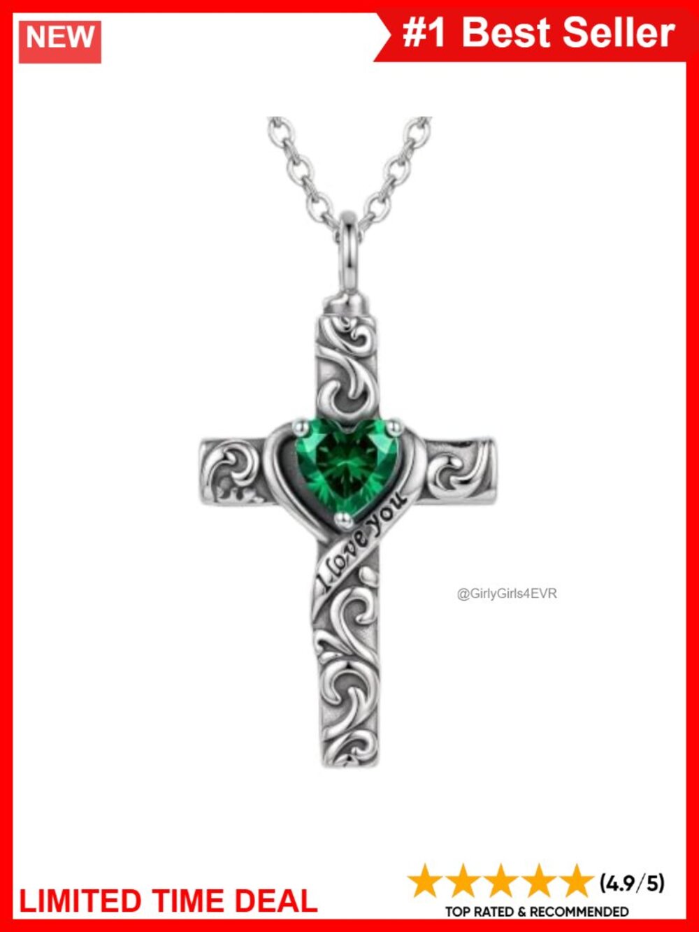 Sterling Silver Cross Birthstone Necklace Heart Pendant Women Gift